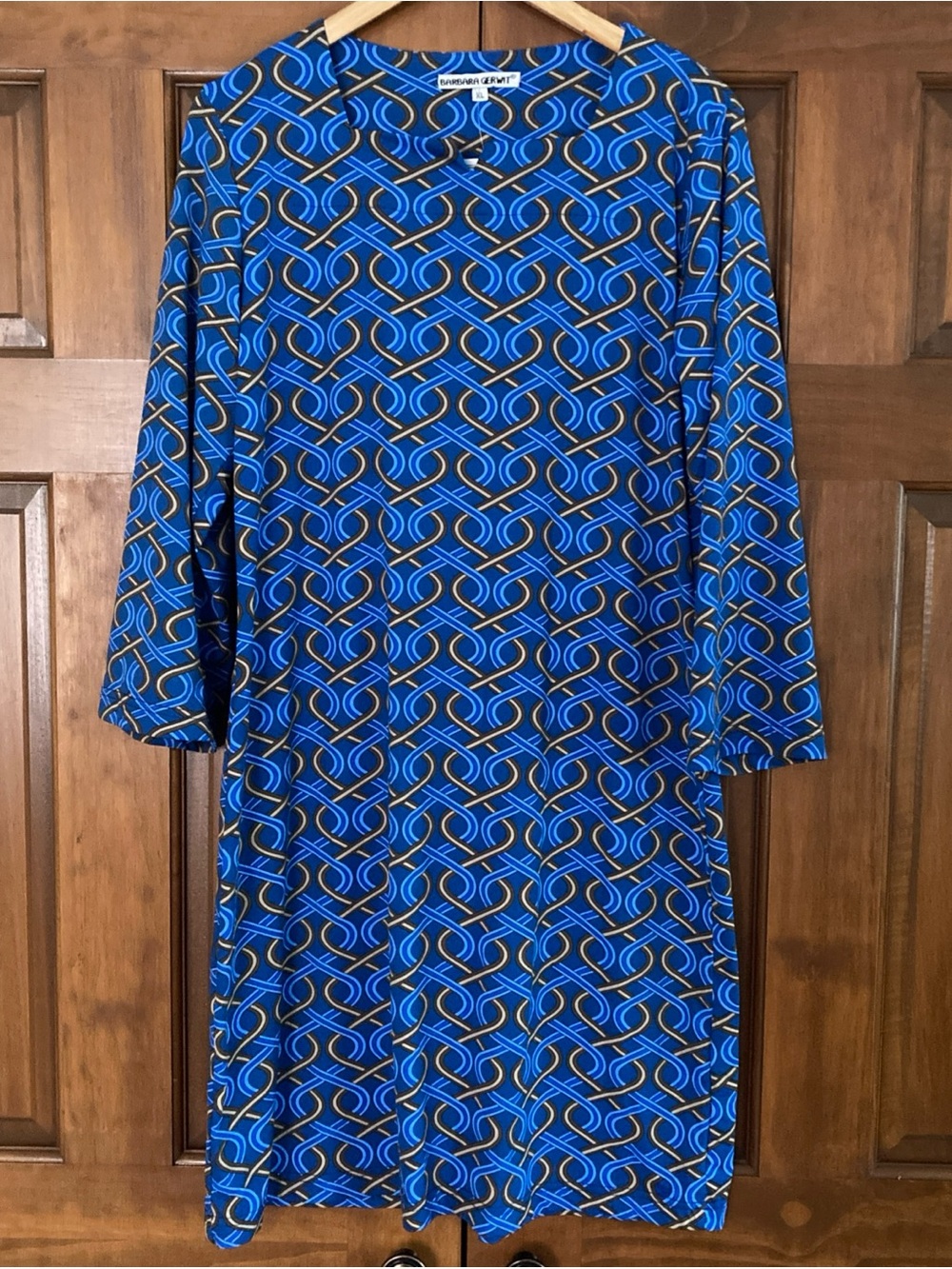 NWT Barbara Gerwit Blue Geometric-Print Long Sleeve Dress women’s XL